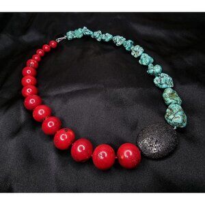 Rare Find Large Genuine Coral & Turquoise Beaded Necklace With Black Lava Stone